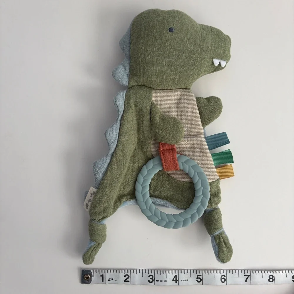 Itzy Ritzy Dino Muslin Lovey‎ Security Blanket with Silicone Teether Green Blue